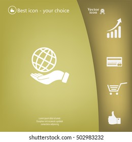 Globe icon with hand, vector illustration. Flat design style