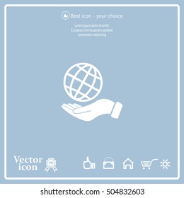 Globe icon with hand, vector illustration. Flat design style