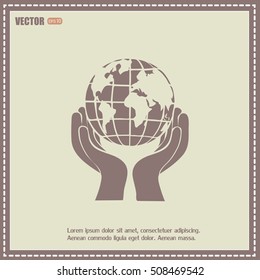 Globe icon with hand, vector illustration.