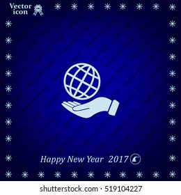 Globe icon with hand, vector illustration. Flat design style