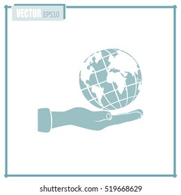 Globe icon with hand, vector illustration.