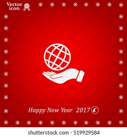 Globe icon with hand, vector illustration. Flat design style