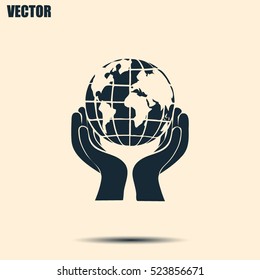 Globe icon with hand, vector illustration.