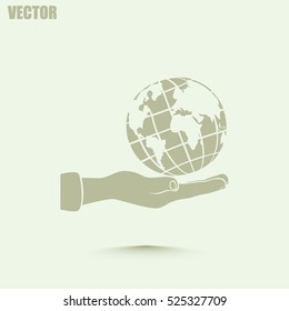 Globe icon with hand, vector illustration.