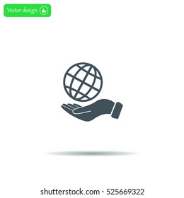 Globe icon with hand, vector illustration. Flat design style