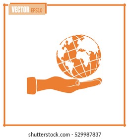 Globe icon with hand, vector illustration.