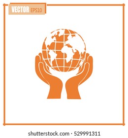 Globe icon with hand, vector illustration.