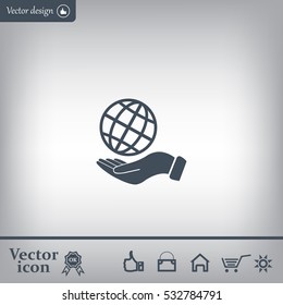 Globe icon with hand, vector illustration. Flat design style