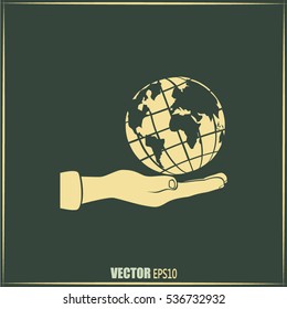 Globe icon with hand, vector illustration.