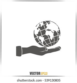 Globe icon with hand, vector illustration.