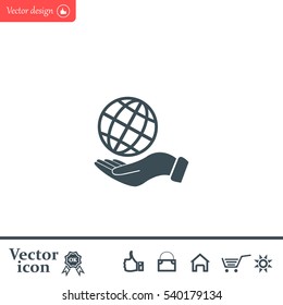 Globe icon with hand, vector illustration. Flat design style