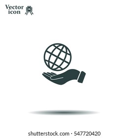Globe icon with hand, vector illustration. Flat design style