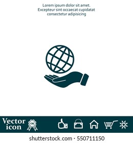 Globe icon with hand, vector illustration. Flat design style