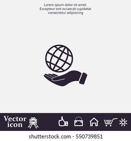 Globe icon with hand, vector illustration. Flat design style
