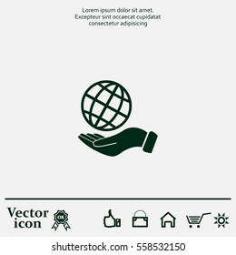 Globe icon with hand, vector illustration. Flat design style