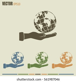 Globe icon with hand, vector illustration.