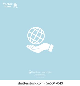 Globe icon with hand, vector illustration. Flat design style