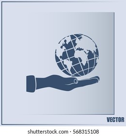 Globe icon with hand, vector illustration.