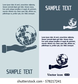 Globe icon with hand, vector illustration.