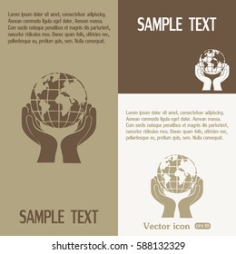 Globe icon with hand, vector illustration.