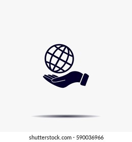Globe icon with hand, vector illustration. Flat design style