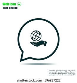 Globe icon with hand, vector illustration. Flat design style