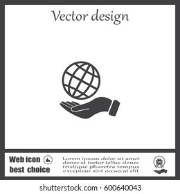 Globe icon with hand, vector illustration. Flat design style