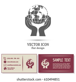 Globe icon with hand, vector illustration.