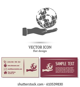 Globe icon with hand, vector illustration.