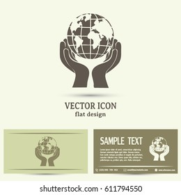 Globe icon with hand, vector illustration.