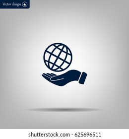 Globe icon with hand, vector illustration. Flat design style