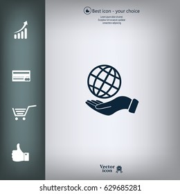 Globe icon with hand, vector illustration. Flat design style