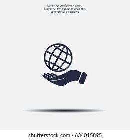 Globe icon with hand, vector illustration. Flat design style