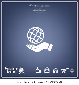 Globe icon with hand, vector illustration. Flat design style