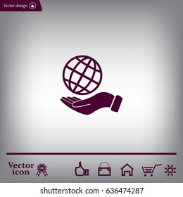 Globe icon with hand, vector illustration. Flat design style