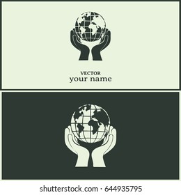 Globe icon with hand, vector illustration.