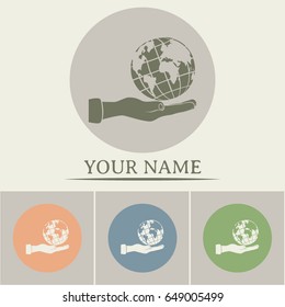Globe icon with hand, vector illustration.