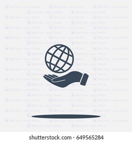 Globe icon with hand, vector illustration. Flat design style