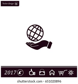 Globe icon with hand, vector illustration. Flat design style