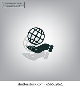 Globe icon with hand, vector illustration. Flat design style