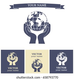 Globe icon with hand, vector illustration.