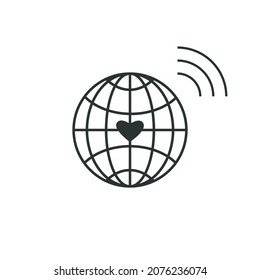 Globe icon, heart vibes. Black grey color palette. White background. Vector