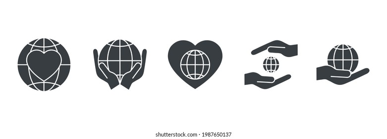Icono de globo y mano humana. La caridad y el concepto voluntario. Colección de símbolos de protección y soporte global. Ilustración del vector aislada en fondo blanco