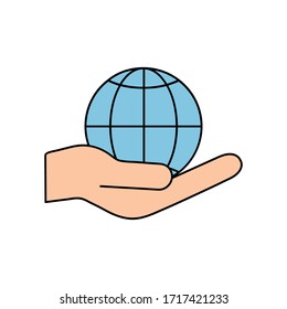 Globe-Symbol in menschlichen Händen Vektorillustration Illustration einzeln auf weißem Hintergrund.