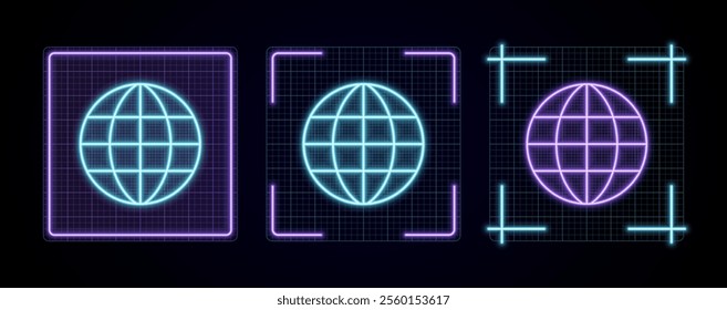 Globe icon illustration, cyber neon visual, glowing border grid vector.