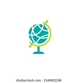 Globe icon isolated on white. Blue and green flat Earth planet model. Travel, adventure, trip symbol. School study, education and mental outlook metaphor. Geography, navigation. Internet search.