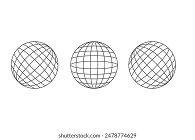 Globe icon in isolated vector on white background. Set of spheres from different sides. Three earth globe line icon vector illustration
 Spherical grid globe shapes.
