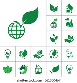 globe icon with leaf, alternative energy set on white background