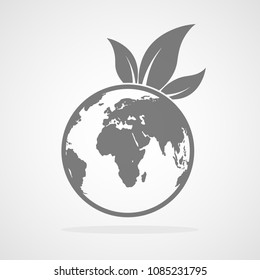 Globe icon with leaves on light background. Vector illustration. Ecology concept