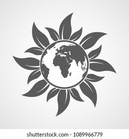 Globe icon with leaves on light background. Vector illustration. Ecology concept
